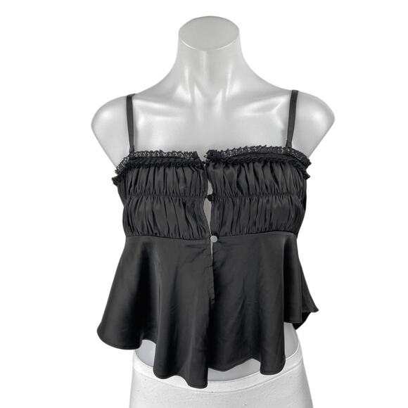 Lioness Black Sleeveless Ruched Lace Trim Cami Camisole Tank Crop Top Size XS - Picture 1 of 4